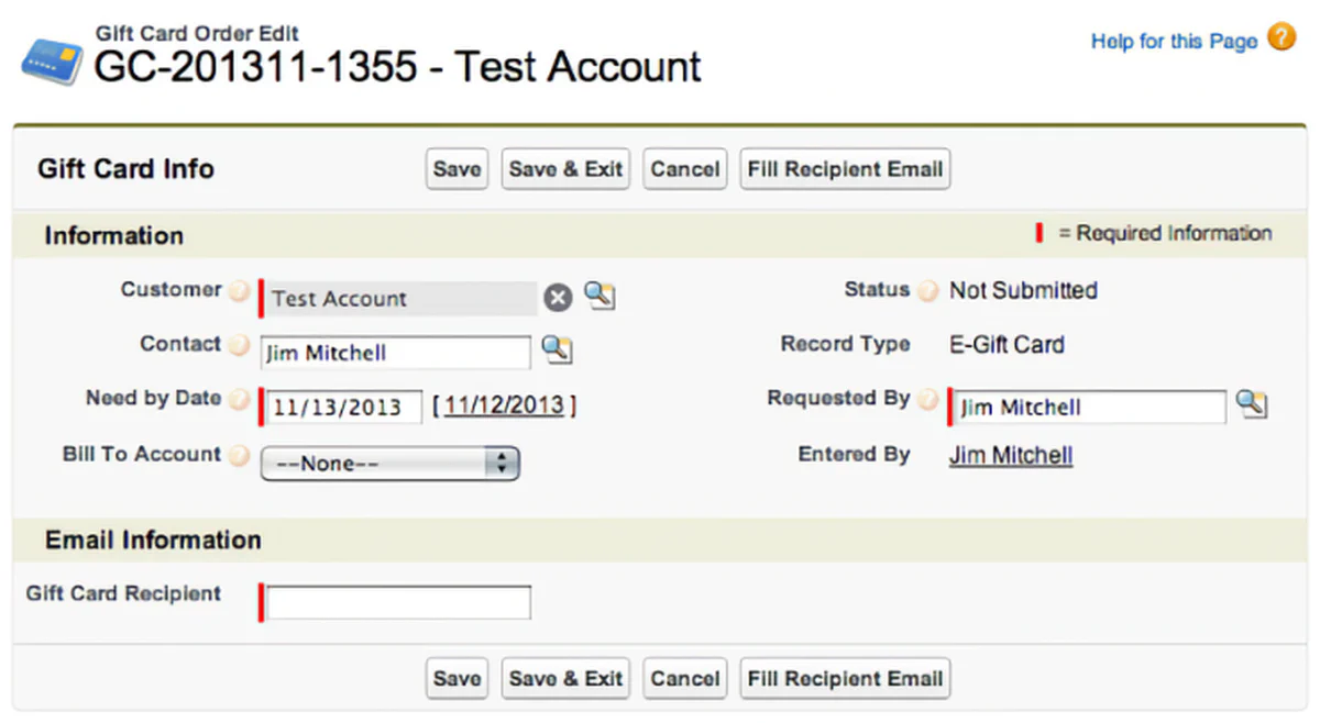 Auto-generated description: A digital form for editing a gift card order displays various fields such as customer details, order number, and email information.