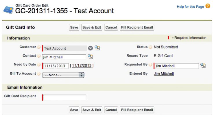 Auto-generated description: A digital form for editing a gift card order displays various fields such as customer details, order number, and email information.
