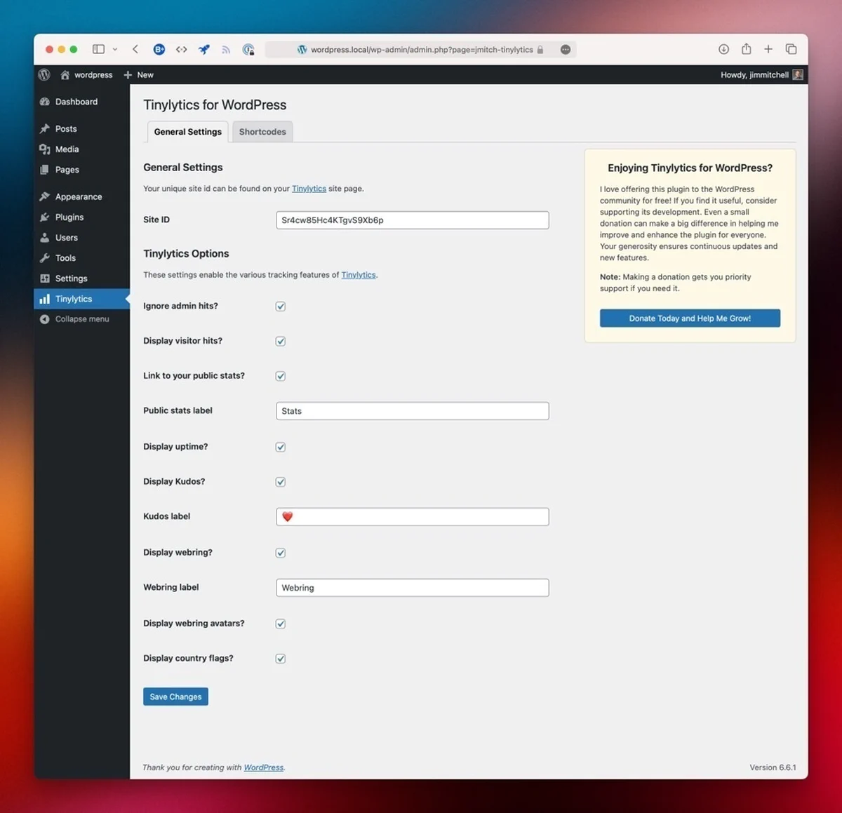 A settings page for the Tinylytics for WordPress plugin is open, showing various options for customization and a donation prompt.