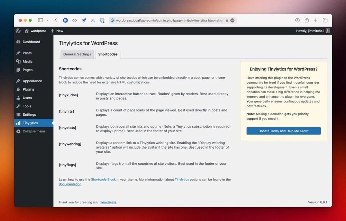 A WordPress admin page displays the settings for the Tinylytics for WordPress plugin, focusing on shortcodes and general settings options.
