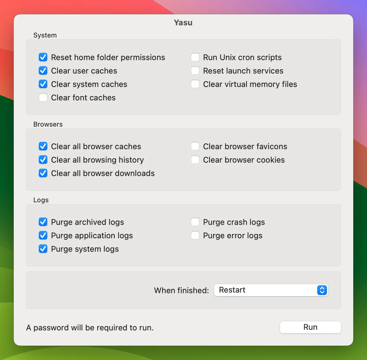 Yasu window displaying options to clear caches, reset permissions, and manage logs on a computer system, with checkboxes for various tasks.